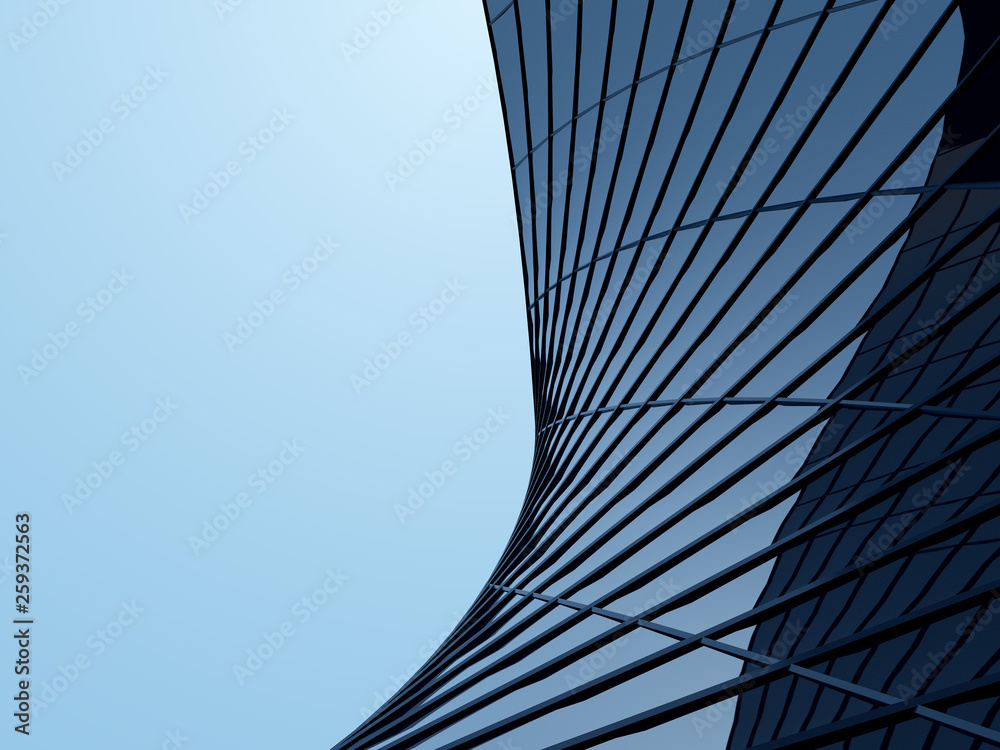 Aufkleber 3d stimulate of high rise curve glass building and dark steel window system on blue clear sky backgr