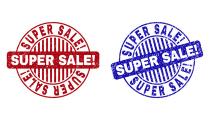 Grunge SUPER SALE Exclamation round stamp seals isolated on a white background. Round seals with distress texture in red and blue colors.