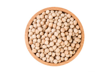Yellow pea in wooden bowl isolated on white background. nutrition. food ingredient.
