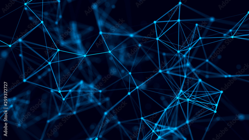 Leinwandbilder Abstract background with connecting dots and lines. Distribution of triangular shapes in space. Big data. Network connection structure. 3D rendering