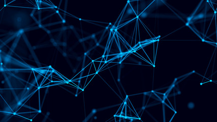 Abstract background with connecting dots and lines. Distribution of triangular shapes in space. Big data. Network connection structure. 3D rendering