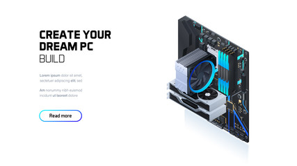 Gaming, workstation and mining computer isometric illustration, custom assembly computer components for workstation, pc store and service