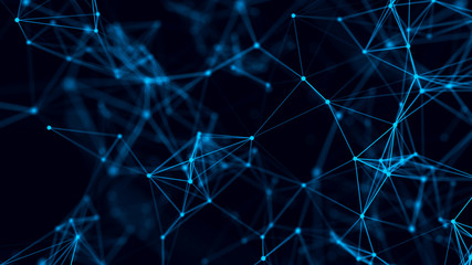 Abstract background with connecting dots and lines. Distribution of triangular shapes in space. Big data. Network connection structure. 3D rendering