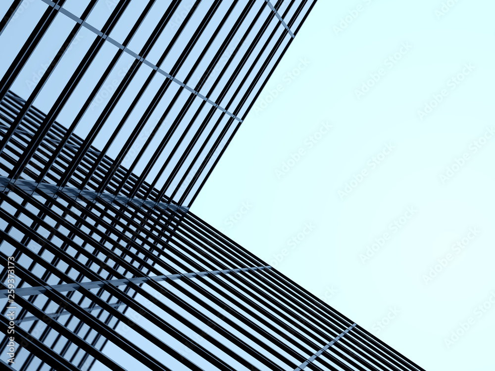 Poster 3d stimulate of high rise curve glass building and dark steel window system on blue clear sky backgr