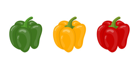 Fresh Bell Pepper Vegetables isolated on white background. Green, Yellow, Red Pepper Icons for Market, Recipe Design. Cartoon Flat Style. Vector illustration for Your Design, Web.