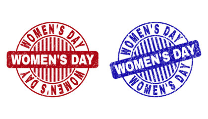 Grunge WOMEN S DAY round stamp seals isolated on a white background. Round seals with grunge texture in red and blue colors. Vector rubber imprint of WOMEN S DAY text inside circle form with stripes.