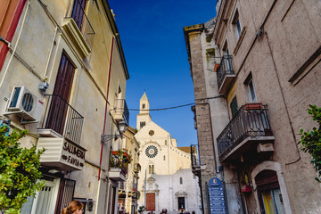 Fototapeta na wymiar Bari, Italy - March 8, 2019: Entrance to the Cathedral Square Basilica of San Sabino de Bari with information cartels for tourists.