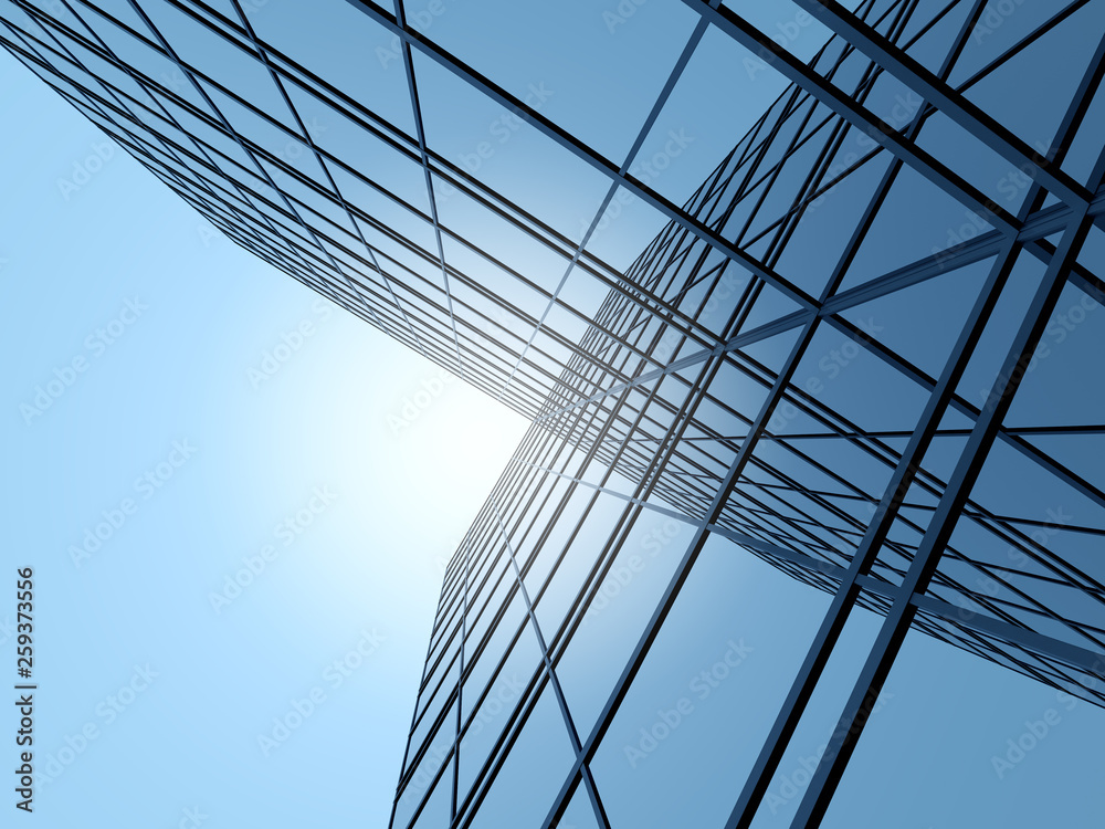 Poster 3d stimulate of high rise curve glass building and dark steel window system on blue clear sky backgr