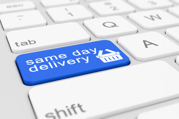 3d render of a keyboard with blue same day delivery button.