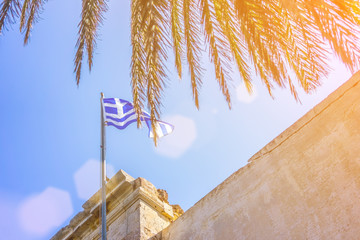Greek flag on a background of a palm tree