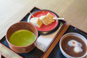  Japanese matcha green tea at homemade on wooden table