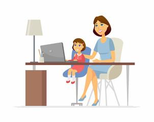 Mother and daughter at the laptop - cartoon people characters illustration