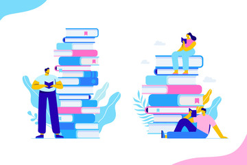 People who love to Read. Reading Books concept. People sitting and reading on a huge stack of books. Cartoon flat vector illustration isolated on white background.