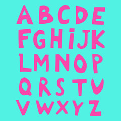 Paper Cut Alphabet. Capital letters.. Good for ecology, environment, nature, organic themed and kids designs. bright pink letters on blue background