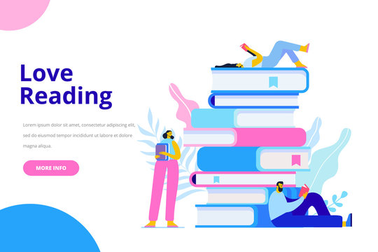 People who love to Read. Reading Books concept. People sitting and reading on a huge stack of books. Cartoon flat vector illustration isolated on white background.