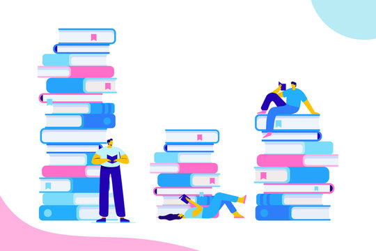 People who love to Read. Reading Books concept. People sitting and reading on a huge stack of books. Cartoon flat vector illustration isolated on white background.