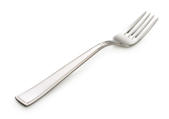 Stainless steel silver fork isolated on a white background.