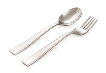 Stainless steel silver fork and spoon isolated on a white background.