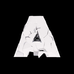 Isolated cracked alphabet letter A on a black background. 3D illustration.
