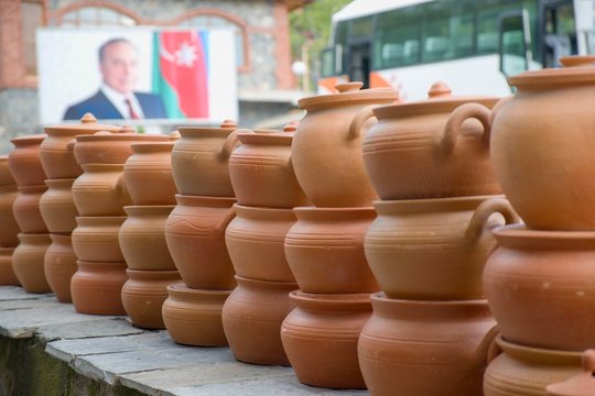 The collection of clay pots made by local handicraftsmen for sale  in Sheki: Azerbaijan's Silk Road city
