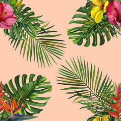 Fototapeta na wymiar Watercolor pattern with tropical palm leaves and flowers. Seamless pattern
