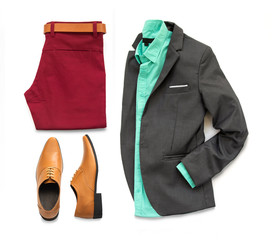Men's casual outfits for man clothing with gray suit , red trousers, green shirt and office shoes isolated on white background, Top view. 