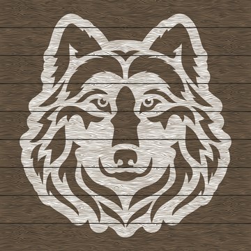 Wolf's head on dark brown wooden background. Wild dog painted with white paint. Vector illustration.