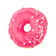 Donut with pink glossy mirror glaze isolated on white