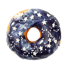 Donut with blue cosmic icing isolated on white