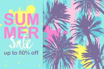 SUMMER SALE up to 50% OFF card with pattern of hand drawn palm trees. Retro tropical bargain sale. Horizontal discount poster for seasonal advert. Deal banner.