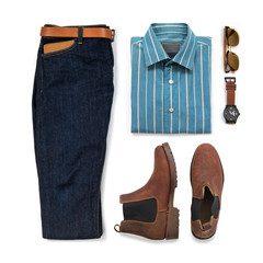 Men's casual outfits for man clothing set with chelsea boot , watch, blue jeans, belt, wallet, sunglasses, office shirt and bracelet isolated on a white background, Top view
