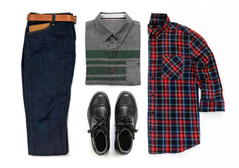 Men fashion casual outfits for man clothing set with black boot , blue jeans, belt, wallet and office shirt isolated on white background, Top view