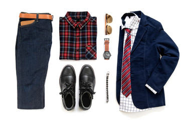 Men's casual outfits with black boot , watch,  jeans, belt, wallet, sunglasses, office shirt, blue jacket, bracelet and tie isolated on a white background, Top view