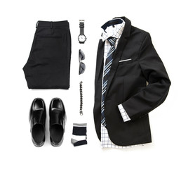 Men's black clothing set with loafer shoes , watch, sock, bracelet, trousers, office shirt, tie and suit isolate on a white background, Top view