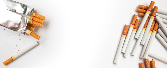 cigarette on white background with copy space for text message or artwork.