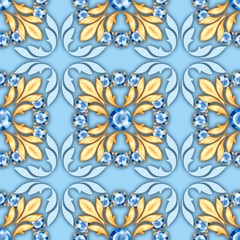 Seamless baroque pattern with ruby gems and golden scrolls