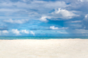 Fototapeta na wymiar Minimal beach scenery, white sand, blue sky and sea with view. Beautiful tropical landscape