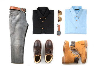 Men's casual outfits for man clothing with brown boot , watch, blue jeans, belt, wallet, sunglasses, office shirt and bracelet isolated on white background, Top view