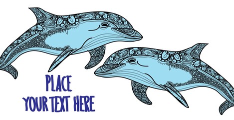 The bottlenose dolphin. Meditative coloring. Mandala, dudling drawing. Drawing by hand. Coloring for children. Points, stripes, arrows.