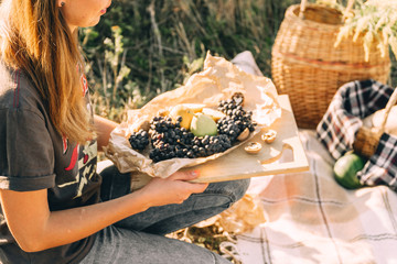 Summer Picnic at sunset on the plaid, food and drink conception lifestyle sunny weather