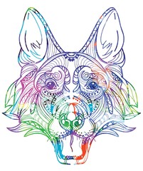 The head of a dog. German Shepherd. Drawing by hand in vintage style. Meditative coloring. coloring for children. Arrows, points, patterns.