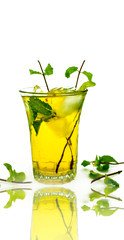 Popular Indian & Asian summer drink isolated on white in a transparent glass i.e. Jack Julep with lemon and mint leaves.