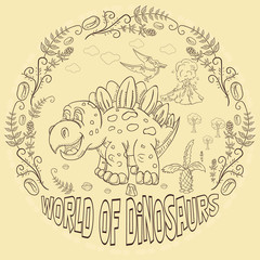 contour illustration_4_coloring of small dinosaurs and trees, plants, stones, for design in the style of Doodle in a circular ornament