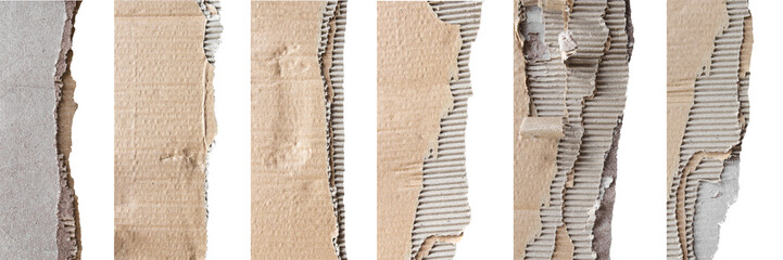 Set of Brown corrugated texture paper torn on white background. rip of cardboard sheet used as a...
