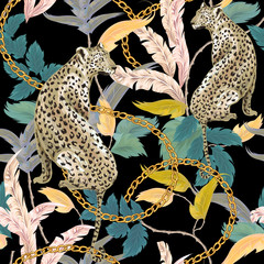 Baroque seamless pattern with exotic trees, leopard, hibiscus and golden chains on black background. Vector patch for wallpapers, fabric, surface textures, textile. - 259381391