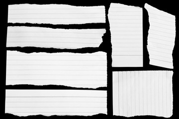 Set of white torn paper on black background. collection paper rip. Set of paper different shapes scraps isolated on black background