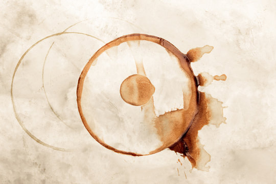Spot from a cup of coffee on white marble table, Coffee Stains Set. coffee paint stains