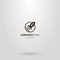 black and white simple flat art logo of cartoon flying rocket in a round frame