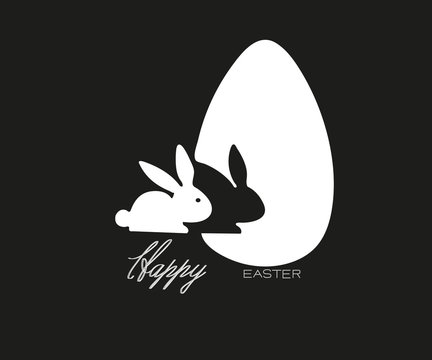 Cute easter bunny vector illustration, hand drawn face of bunny. Greeting card with Happy Easter writing. Ears and tiny muzzle with whiskers. Isolated on white background.