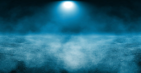 Background of an empty dark street, premises at night, concrete pavement, tile. Neon light, spotlight, smoke, smog